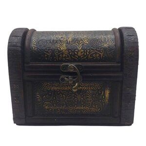 Rustic Wooden Faux-Leather Wrapped Treasure Chest Keepsake Jewelry Trinket Box